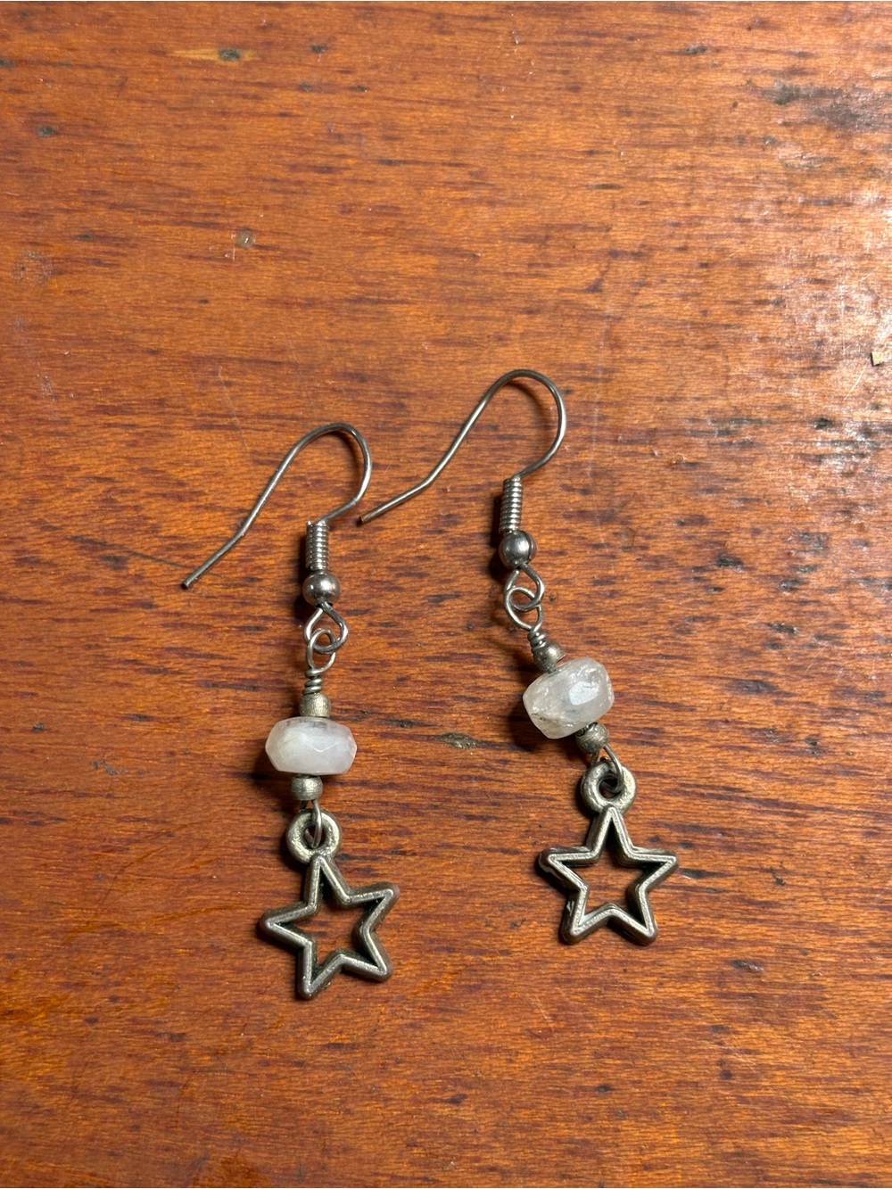 Sterling-Style Silver Star Drop Earrings with White Moonstone Beads